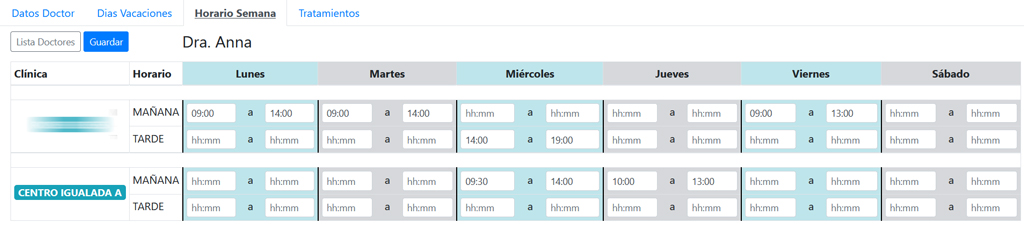 Horario semanal doctor en cada clínica