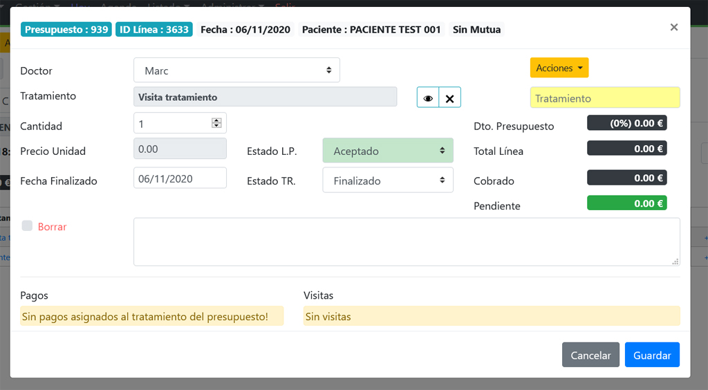 Datos línea de presupuesto (tratamiento)