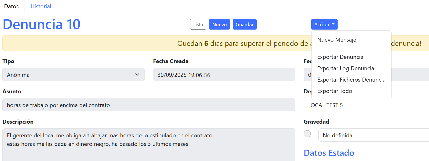 Acciónes sobre la denuncias