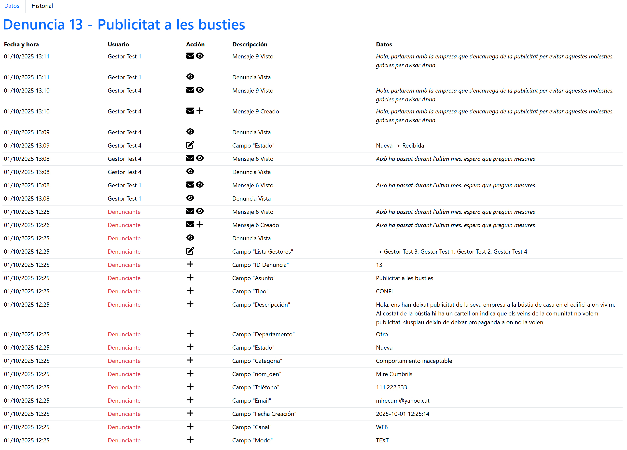Histórico sobre la evolución de los estados de la denuncia 