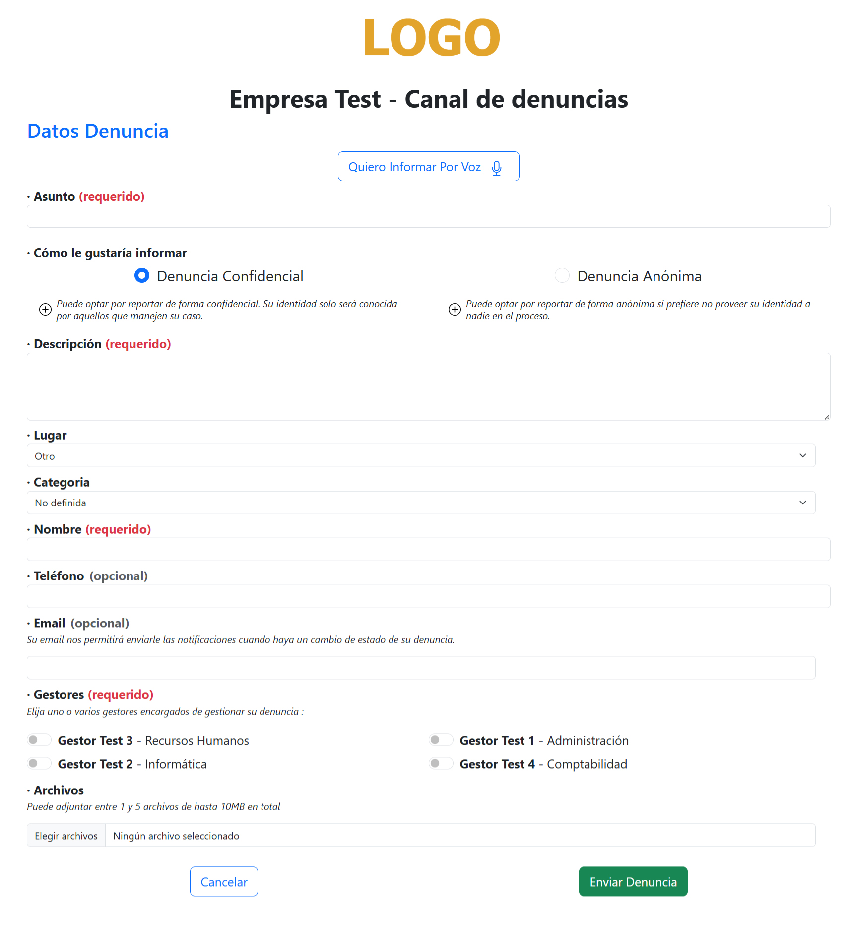 Entrada datos para una nueva denuncia