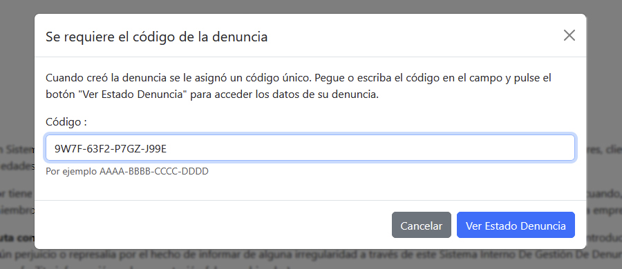 Entrada código para acceder a la denuncia
