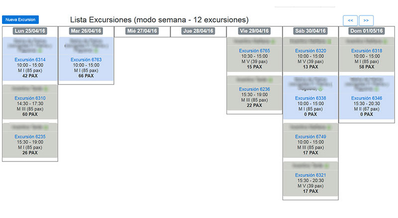 Horario semanal de excursiones