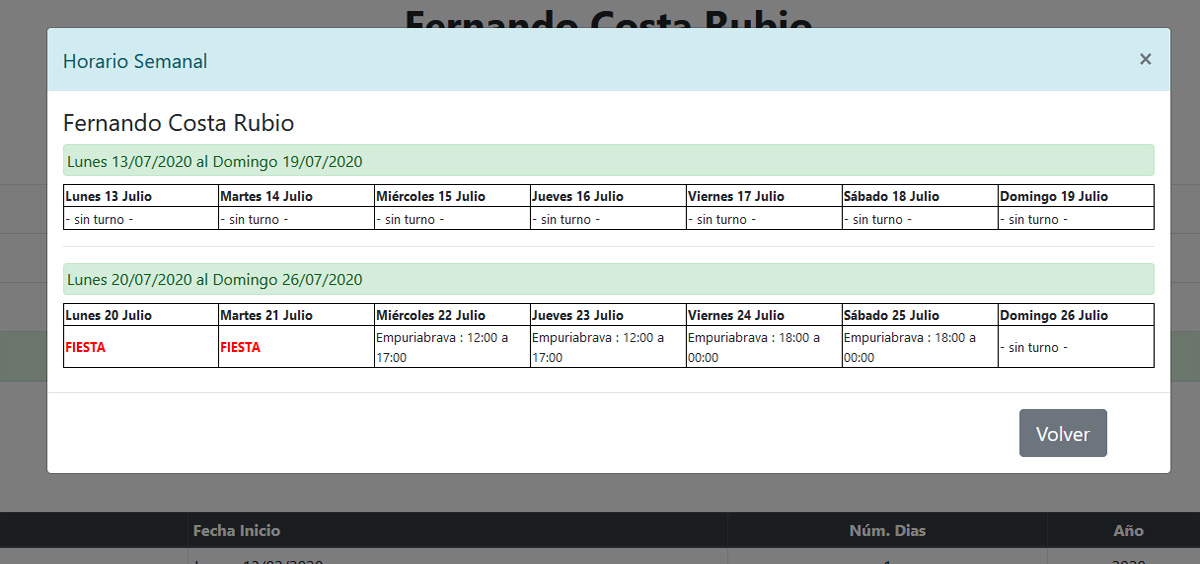 Visualizar horario semanal del trabajador